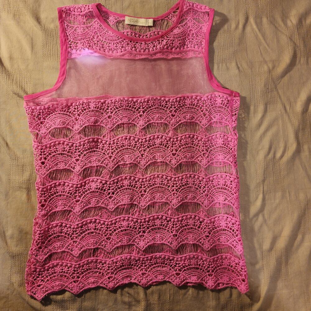 NESLAY Designer Pink Mesh Tank Top-Women's Large